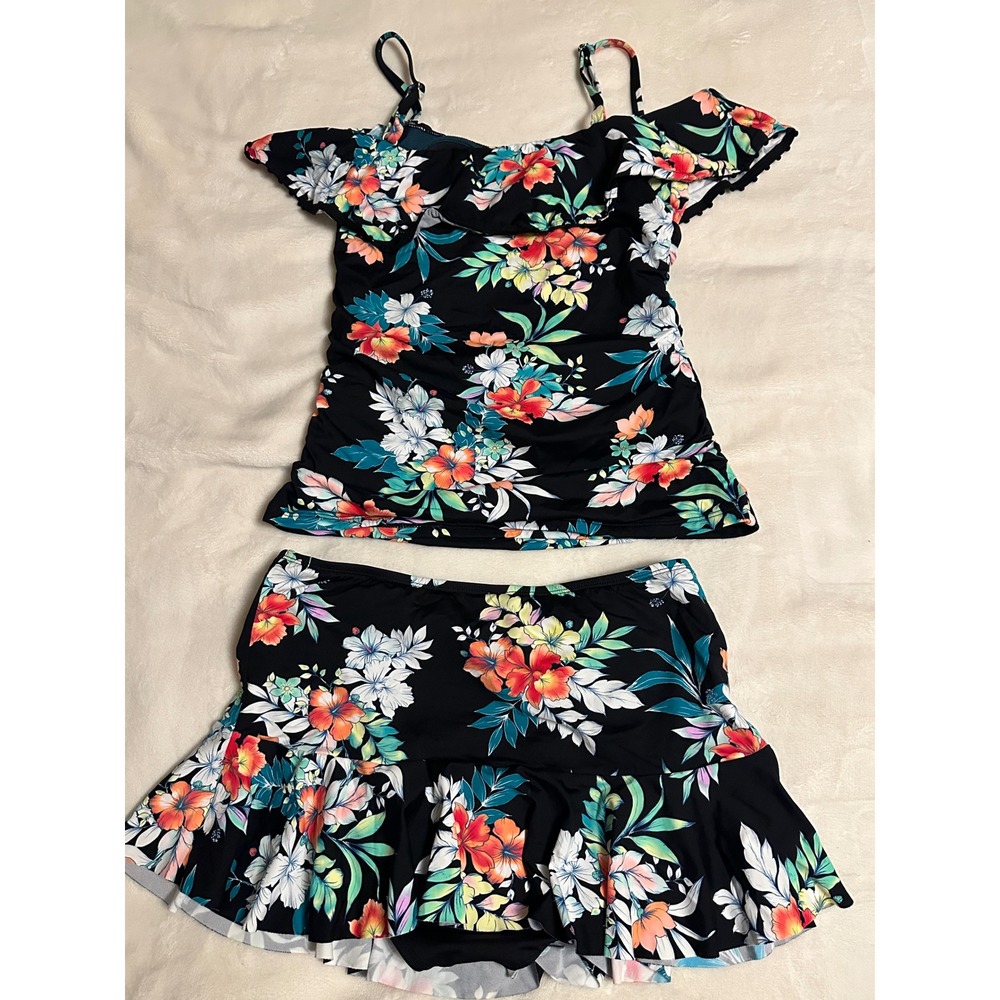 Tommy Bahama Womens XS Black Floral Tankini Set Ruffle Top Skirt Rouched Sides - Picture 2 of 15